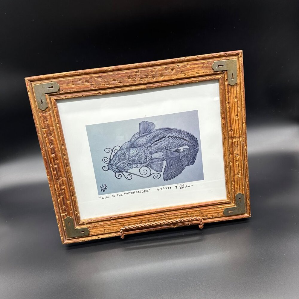 Signed Print Ned DuCharme Luck Of The Bottom Feeder Rustic Wood Frame Wall Art